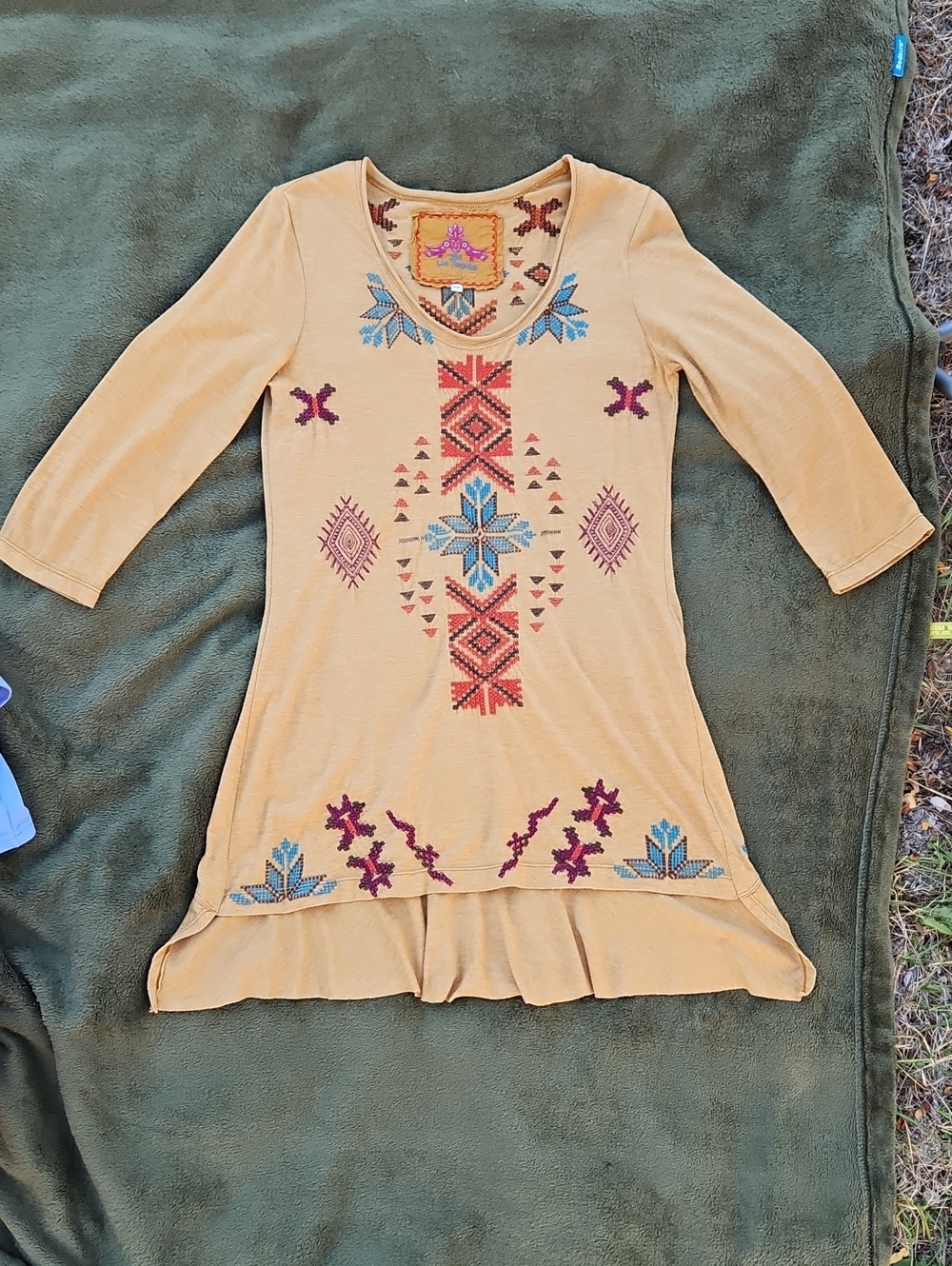 Jonny Was Brand - Embroidered Mustard Scoop-Neck Tunic Top